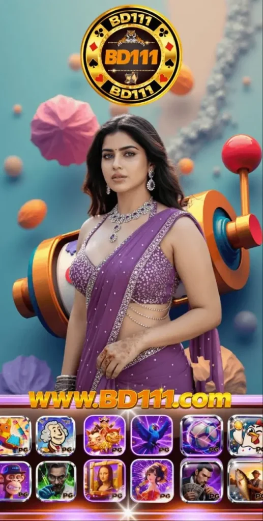 A beautiful South Asian woman in an elegant purple saree featuring BD111 online gaming logo, slot machine background, and popular slot game icons.
